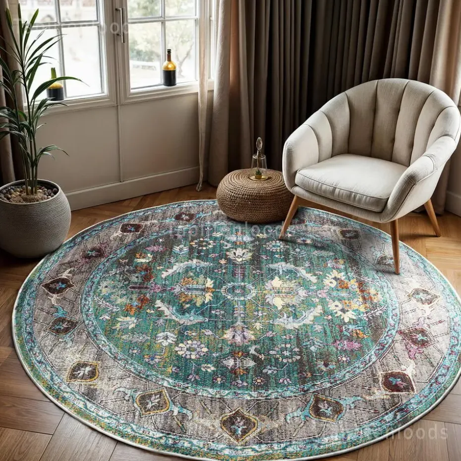 Picasso Pablo Vintage Rond Vloerkleed Groen / Multi Laagpolig - 200 CM ROND