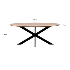 QUVIO Eettafel Sofia– Ovaal – 180x90 cm – Kruispoot – Naturel