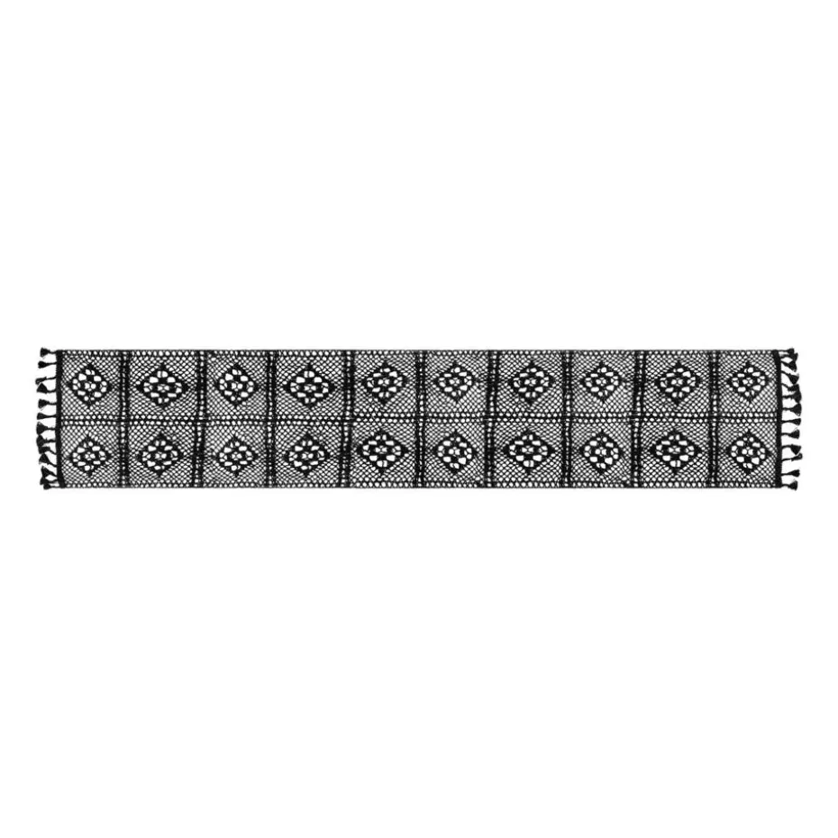 QUVIO Tafelloper gehaakt met fransjes - 300 x 24 cm - Katoen - Zwart