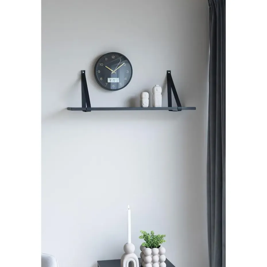 QUVIO Wandplank zwevend met lederen banden – 80x20 cm – Hout - Zwart