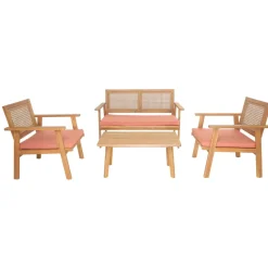 Rieten en massief houten tuinset in roze