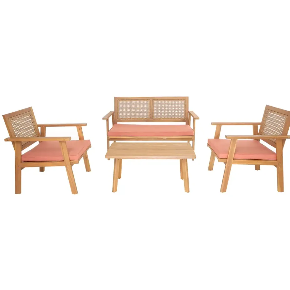 Rieten en massief houten tuinset in roze