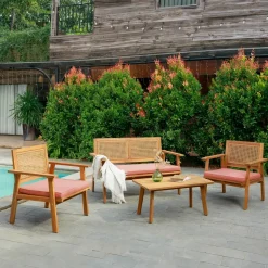 Rieten en massief houten tuinset in roze