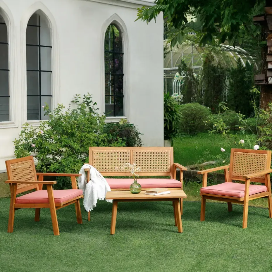 Rieten en massief houten tuinset in roze