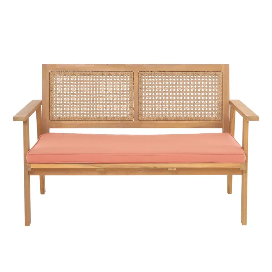 Rieten en massief houten tuinset in roze