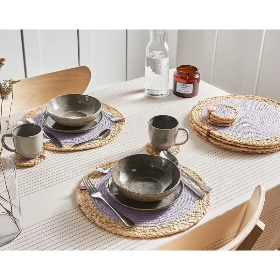 ROSELLA - Set 12 placemats en onderzetters - Grijs/Natuurlijk - Jute
