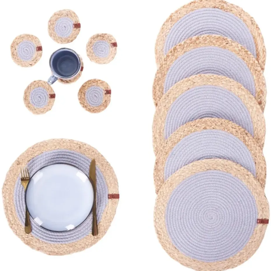 ROSELLA - Set 12 placemats en onderzetters - Grijs/Natuurlijk - Jute