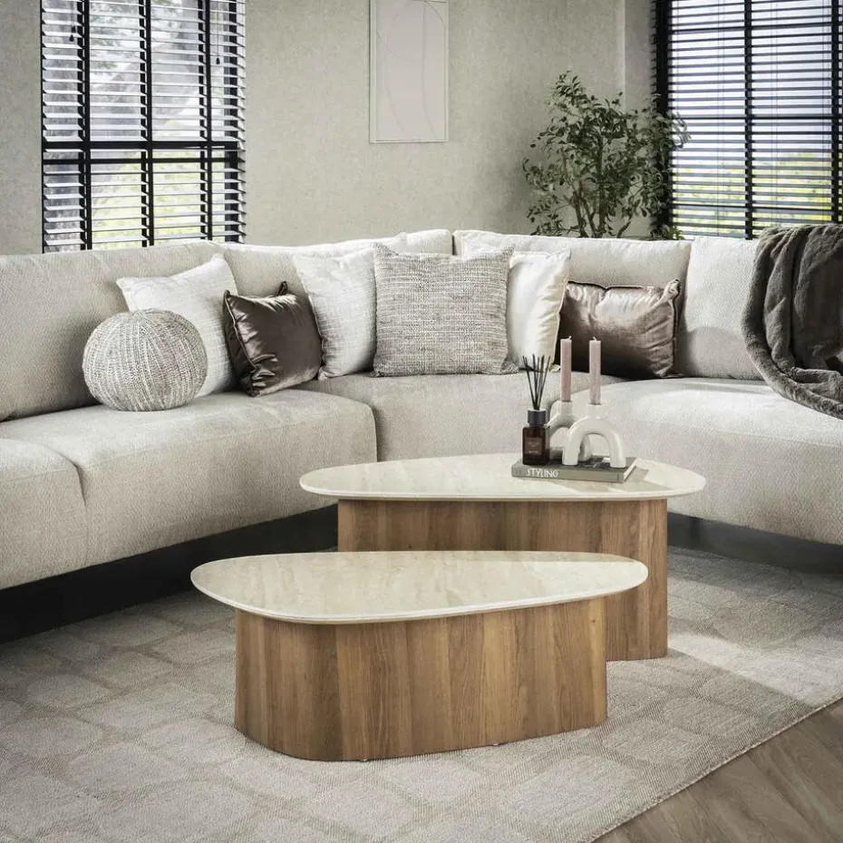 Salontafel Driehoek Walnoot/Travertin - 90x43x40cm - Set Van 2