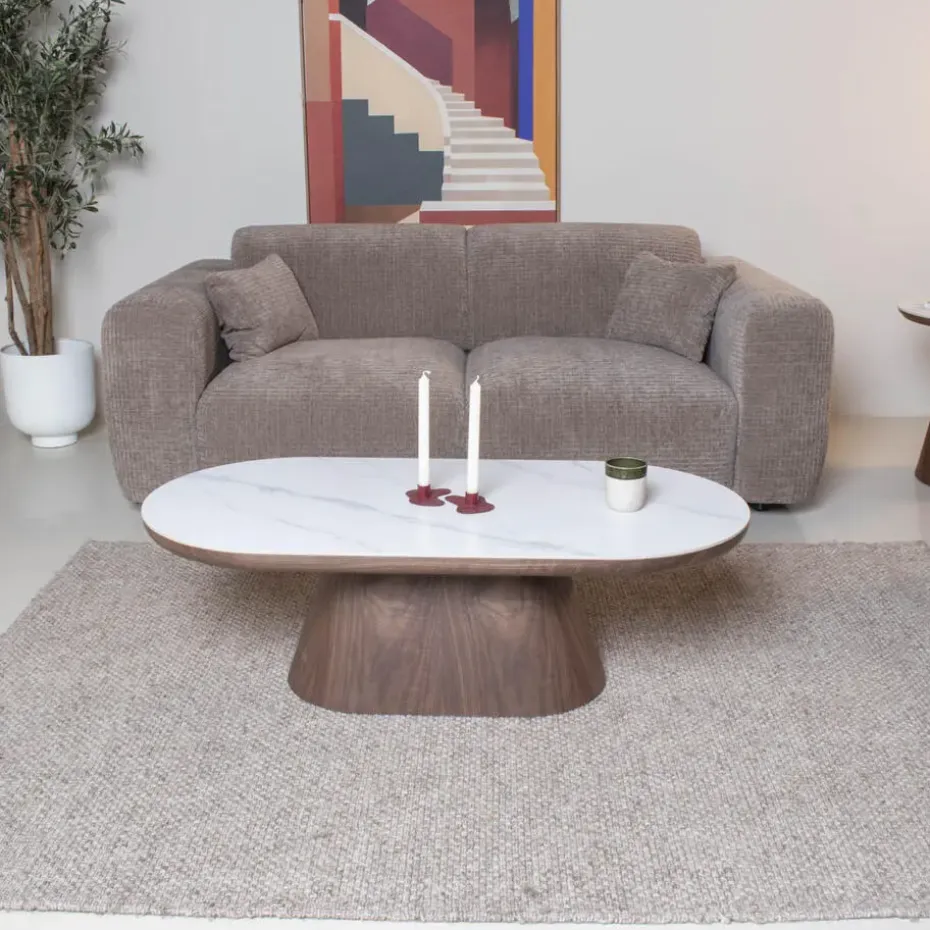 Salontafel Ovaal - Walnoot Hout/Keramisch - 120x60x38cm - Alba