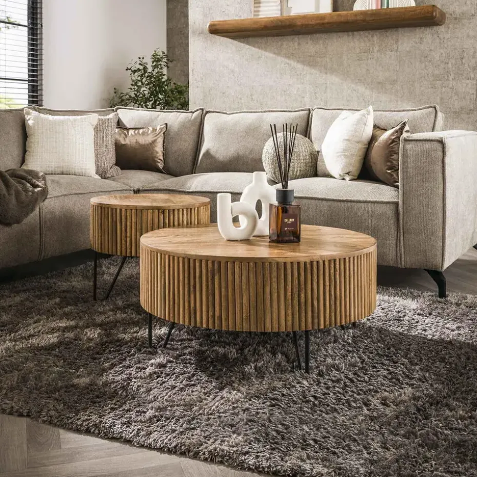 Salontafel Rond 80cm - Naturel Mangohout - Set Van 2 - Wave