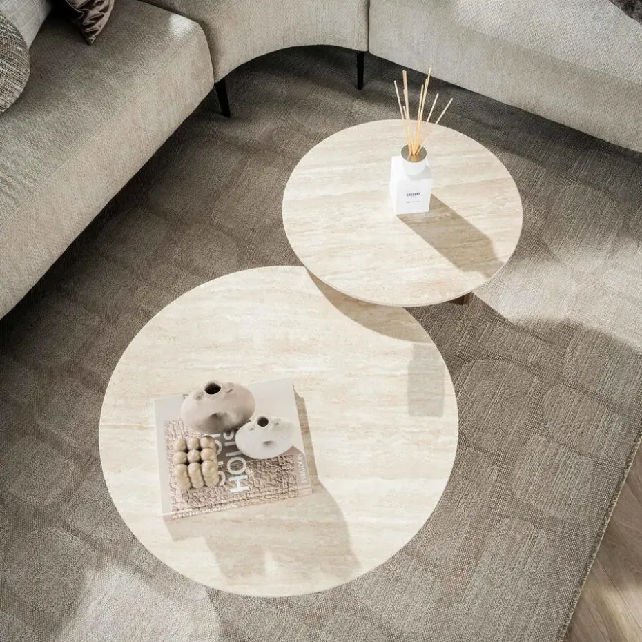Salontafel Walnoot/Travertin - 76x76x30cm - Set Van 2