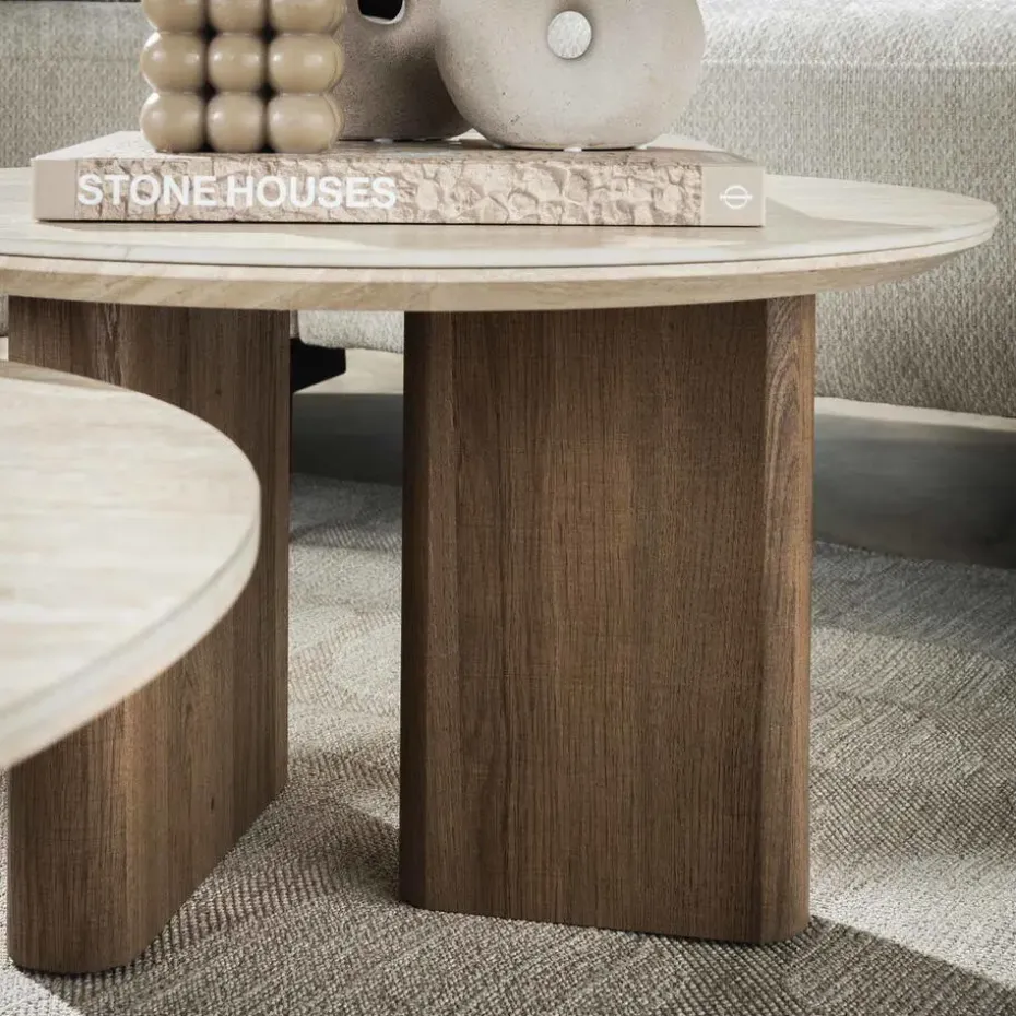 Salontafel Walnoot/Travertin - 76x76x30cm - Set Van 2