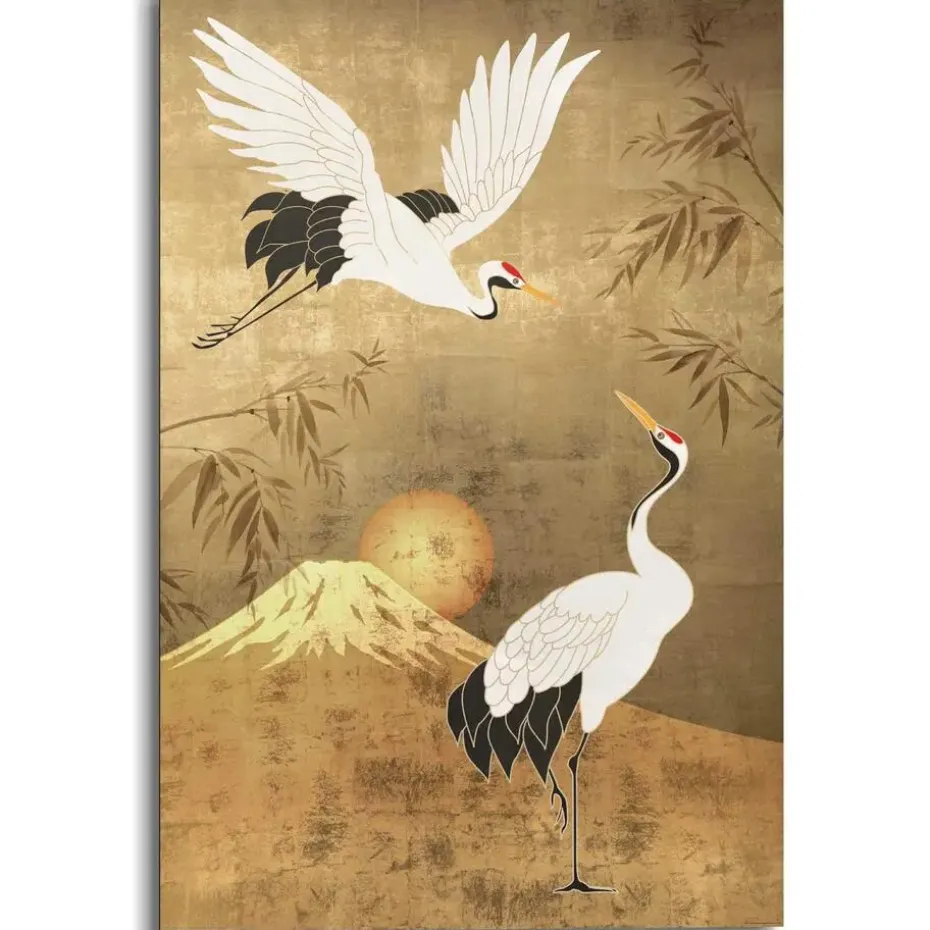 Schilderij Kraanvogels - 90 x 60cm - Goudkleurig