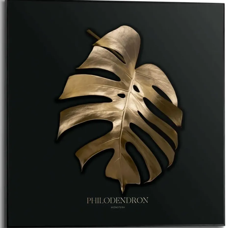Schilderij Monstera Blad - 50 x 50cm - Goudkleurig