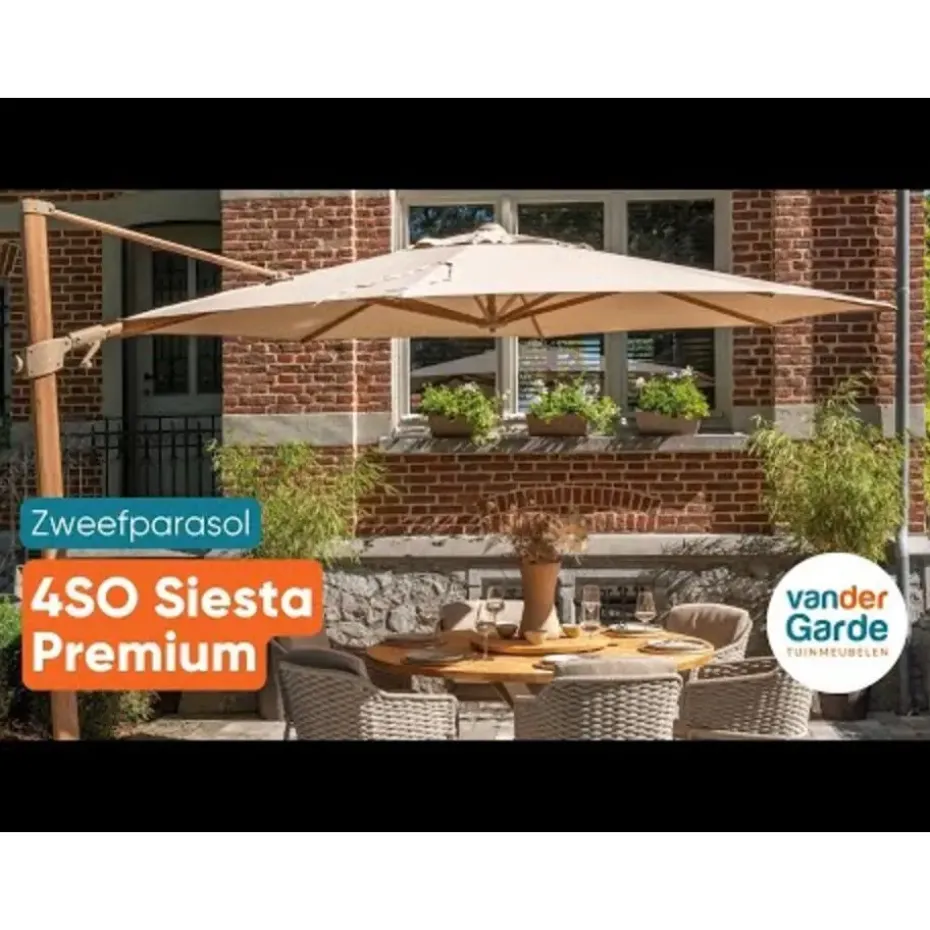 4-Seasons zweefparasol Siesta Premium 3x3 m. - woodlook/charcoal + voet en hoes