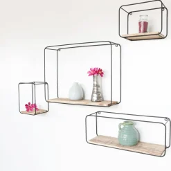 Set van 4 rechthoekige metalen wandrekjes met houten plankje - Zwart