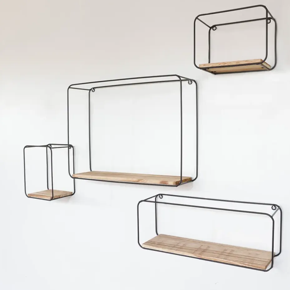 Set van 4 rechthoekige metalen wandrekjes met houten plankje - Zwart