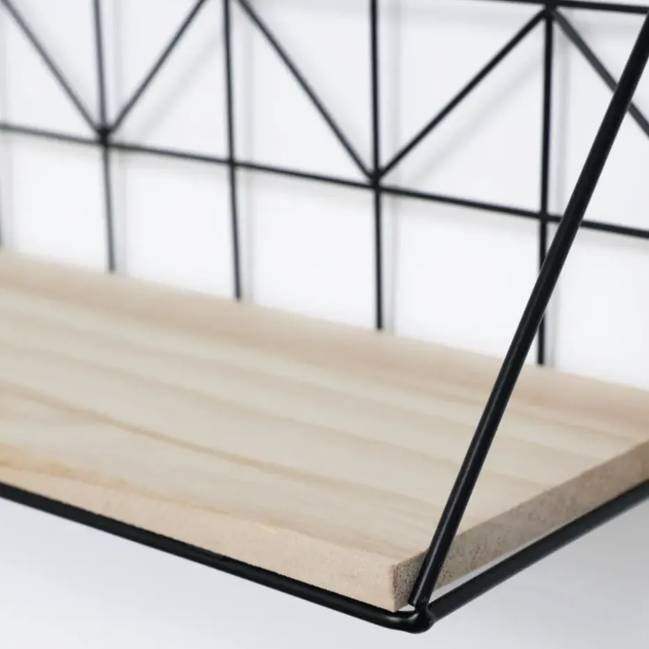 Set van 2 zwarte metalen wandrekjes met houten plankje - 30 en 45 cm