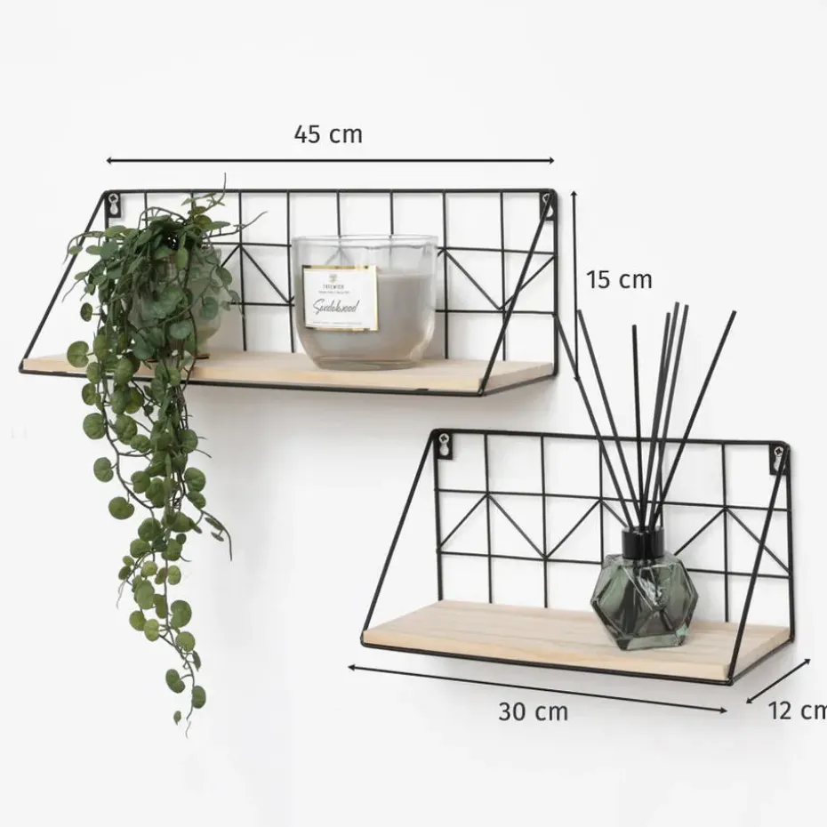 Set van 2 zwarte metalen wandrekjes met houten plankje - 30 en 45 cm