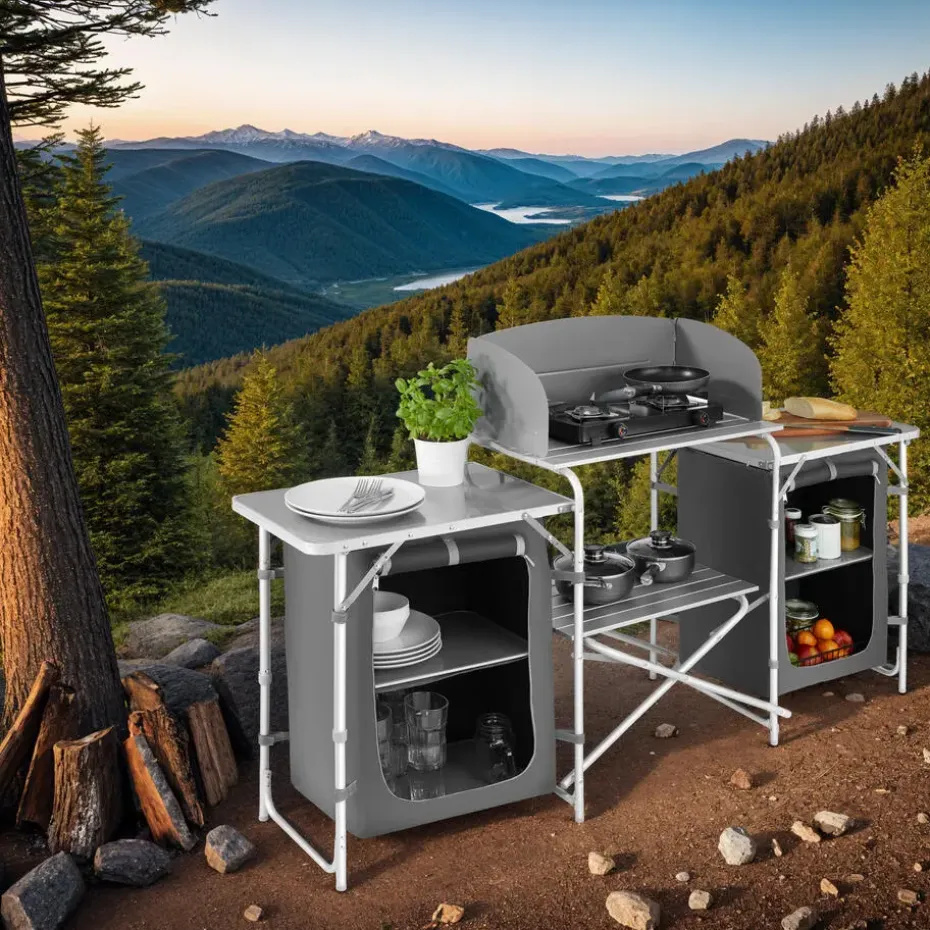 tectake - Campingkeuken 172x52x104cm, Grijs
