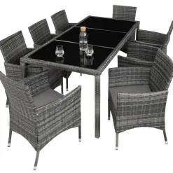 tectake - tuinset 8 stoelen en tafel - wicker - grijs
