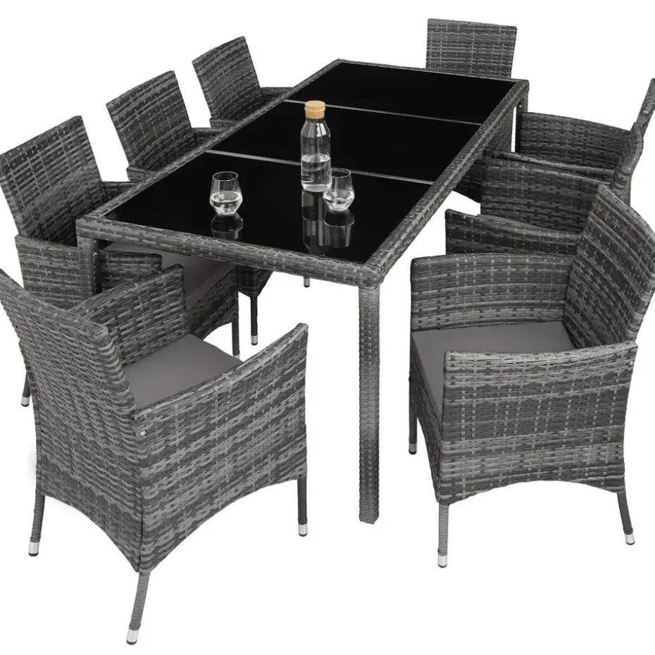 tectake - tuinset 8 stoelen en tafel - wicker - grijs