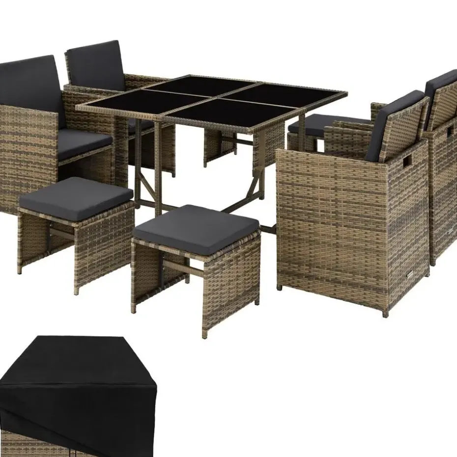 tectake - tuinset Bilbao - wicker met beschermhoes - natuurkleur