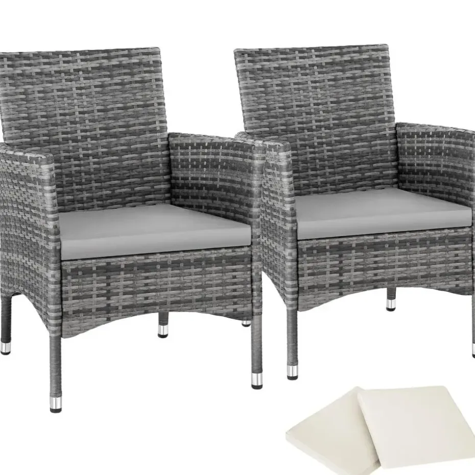 tectake 2 Wicker tuinstoelen met 4 kussenhoezen , Grijs/lichtgrijs