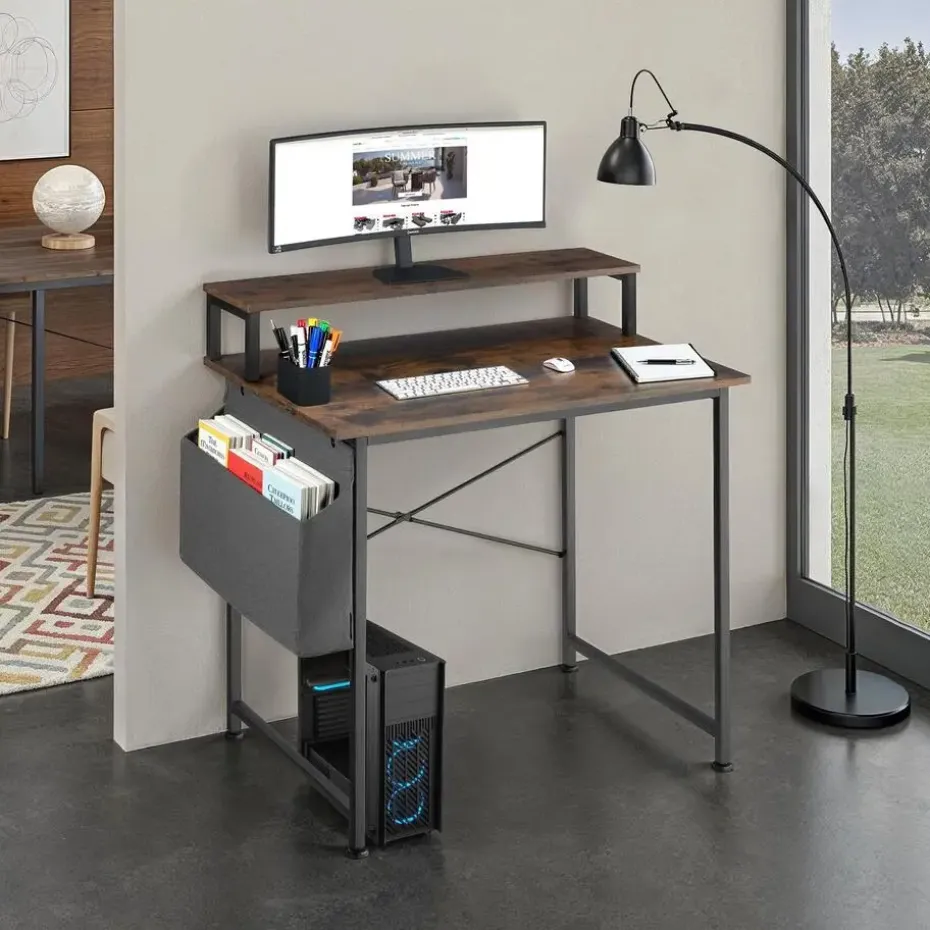 tectake Bureau met plank en organizer, Industrieel Hout Donker, Rustiek