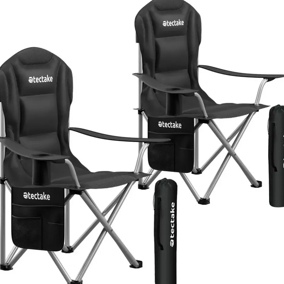 tectake Gestoffeerde campingstoel MTX, opvouwbaar, met bekerhouder, Zwart