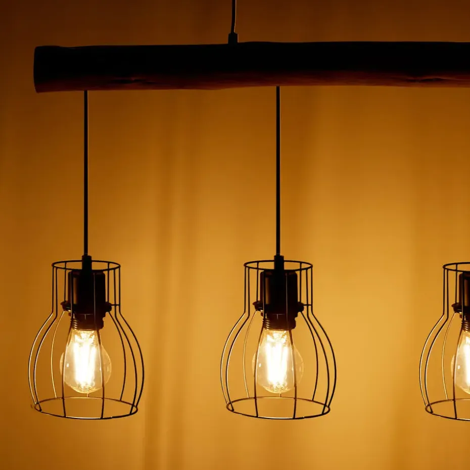 tectake Hanglamp Woody, 4-lichts, met houten balk, 40 W, Zwart/bruin