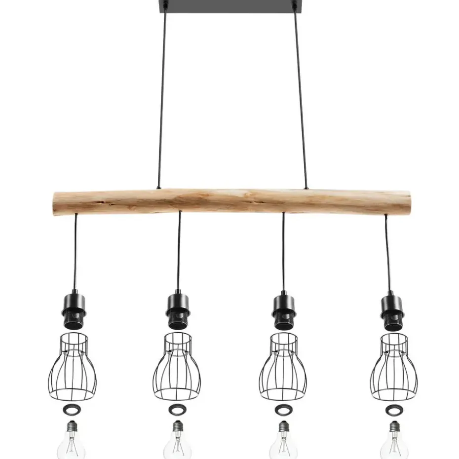 tectake Hanglamp Woody, 4-lichts, met houten balk, 40 W, Zwart/bruin