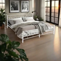tectake Metalen bed met lattenbodem in modern ontwerp, 200 x 180 cm, Wit
