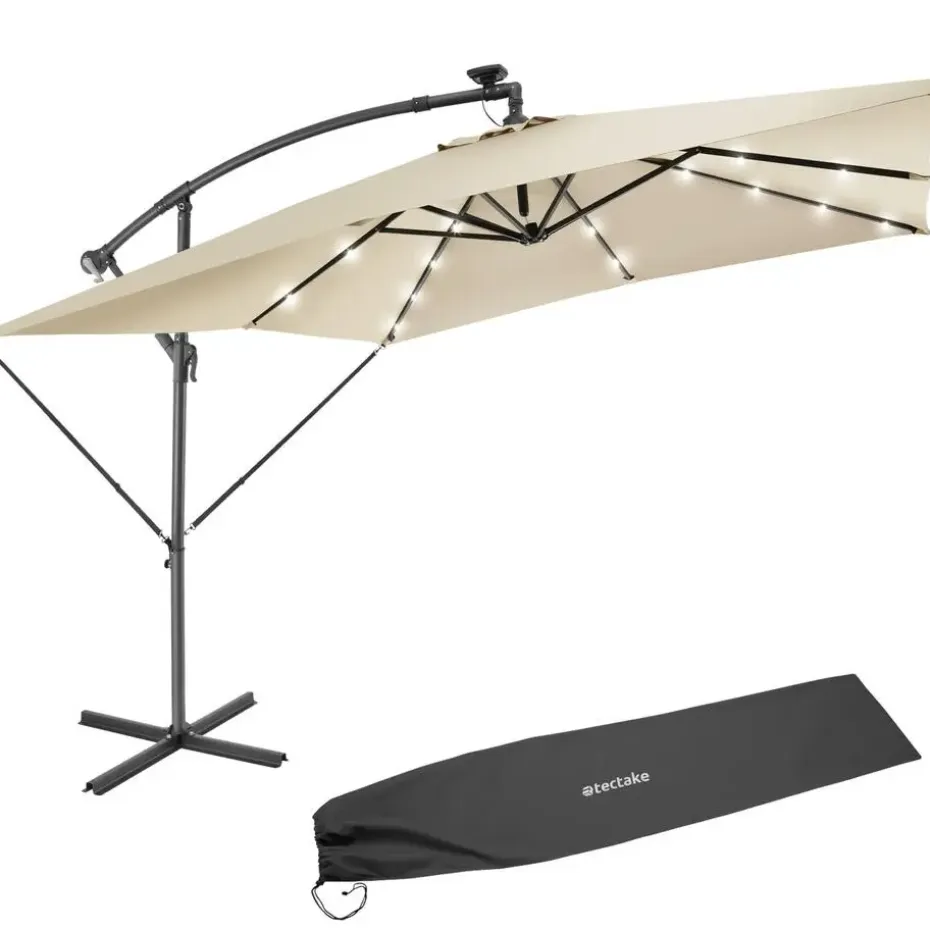 tectake Parasol Sunna LED-zonneenergie met zwengel 2,5 x 2,5 m, Beige