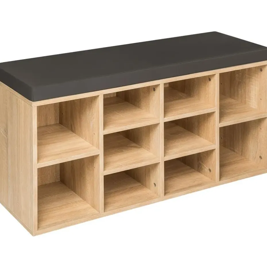tectake Schoenenkast met zitkussen 103,5x48x30cm, Donkergrijs/eiken Licht