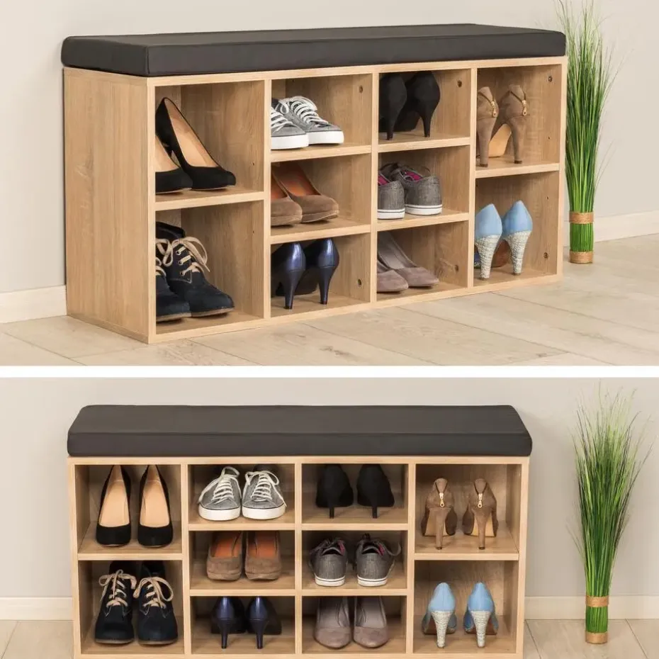 tectake Schoenenkast met zitkussen 103,5x48x30cm, Donkergrijs/eiken Licht