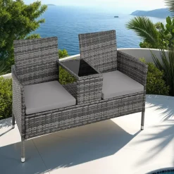 tectake Wicker tuinbank met tafel, Grijs/lichtgrijs