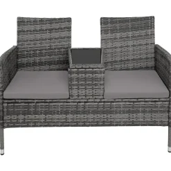 tectake Wicker tuinbank met tafel, Grijs/lichtgrijs