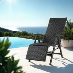tectake Wicker tuinstoel opklapbaar met aluminium frame en voetsteun, Zwart