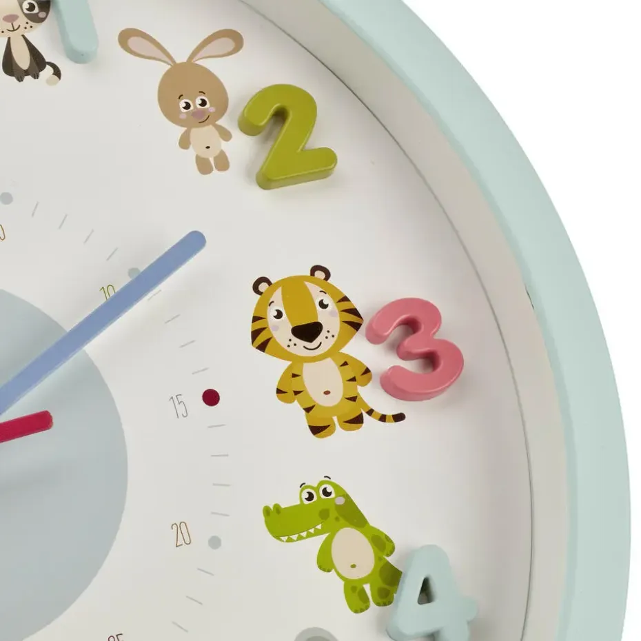 TFA Kinderkamer wandklok - dieren - lichtblauw - D30 cm - rond