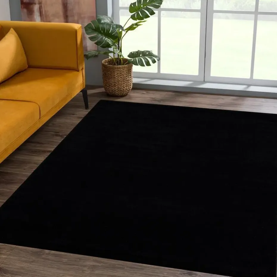 Uni Effen Laagpolig Vloerkleed Modern Zwart - 240x340 CM