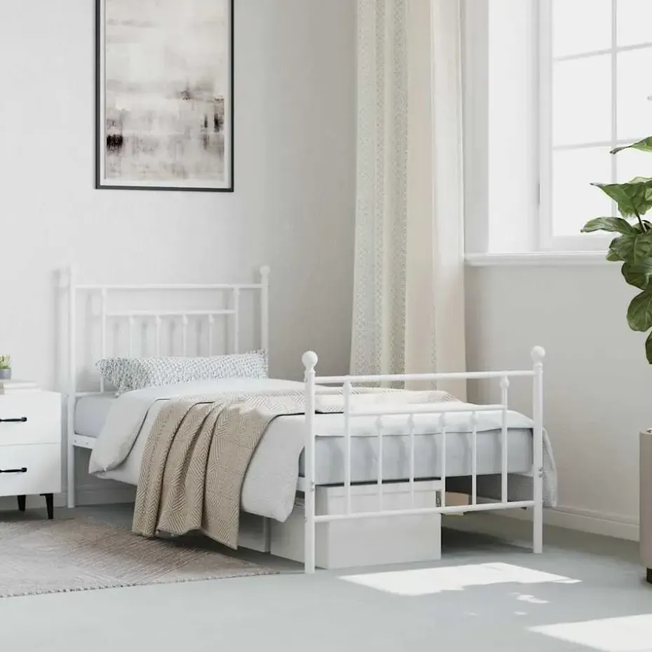 vidaXL - Bed frame met hoofd- en voeteneinde - Wit - Metaal - 90x200 cm