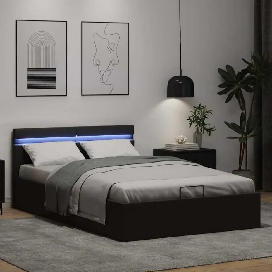 vidaXL - Bed met opbergruimte incl. LED - zwart - Kunstleer - 120x200 cm