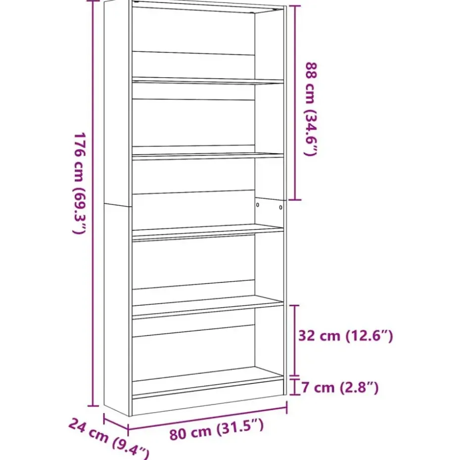 vidaXL - Boekenkast met 5 vakken - Sonoma eiken - Bewerkt hout - 80x24x176 cm