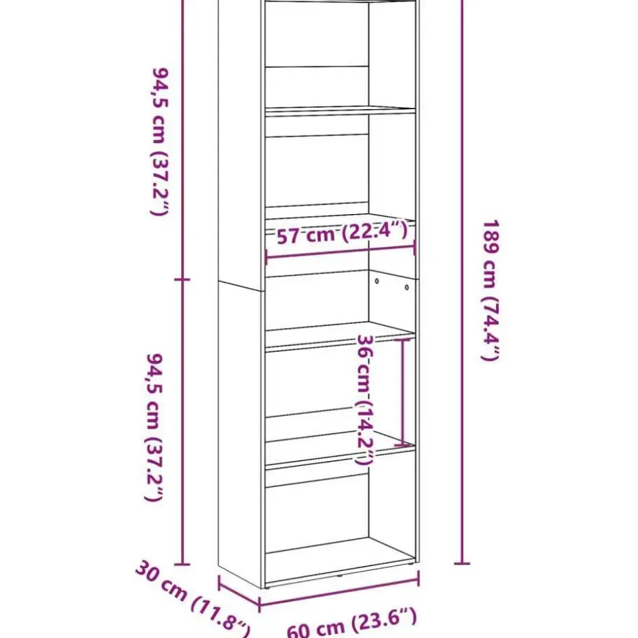 vidaXL - Boekenkast met 5 vakken voor woonkamers - Sonoma eiken - 60x30x189 cm