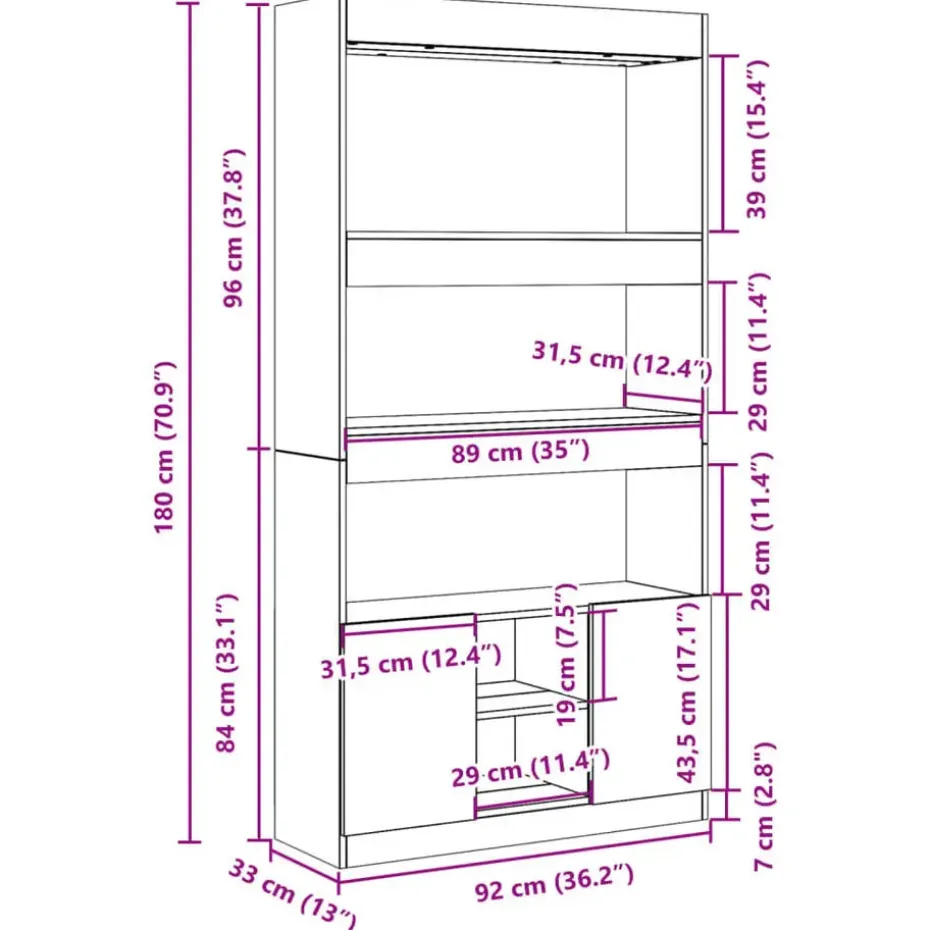 vidaXL - Boekenkast met deuren en 5 vakken - Zwart - Bewerkt hout - 92x33x180 cm