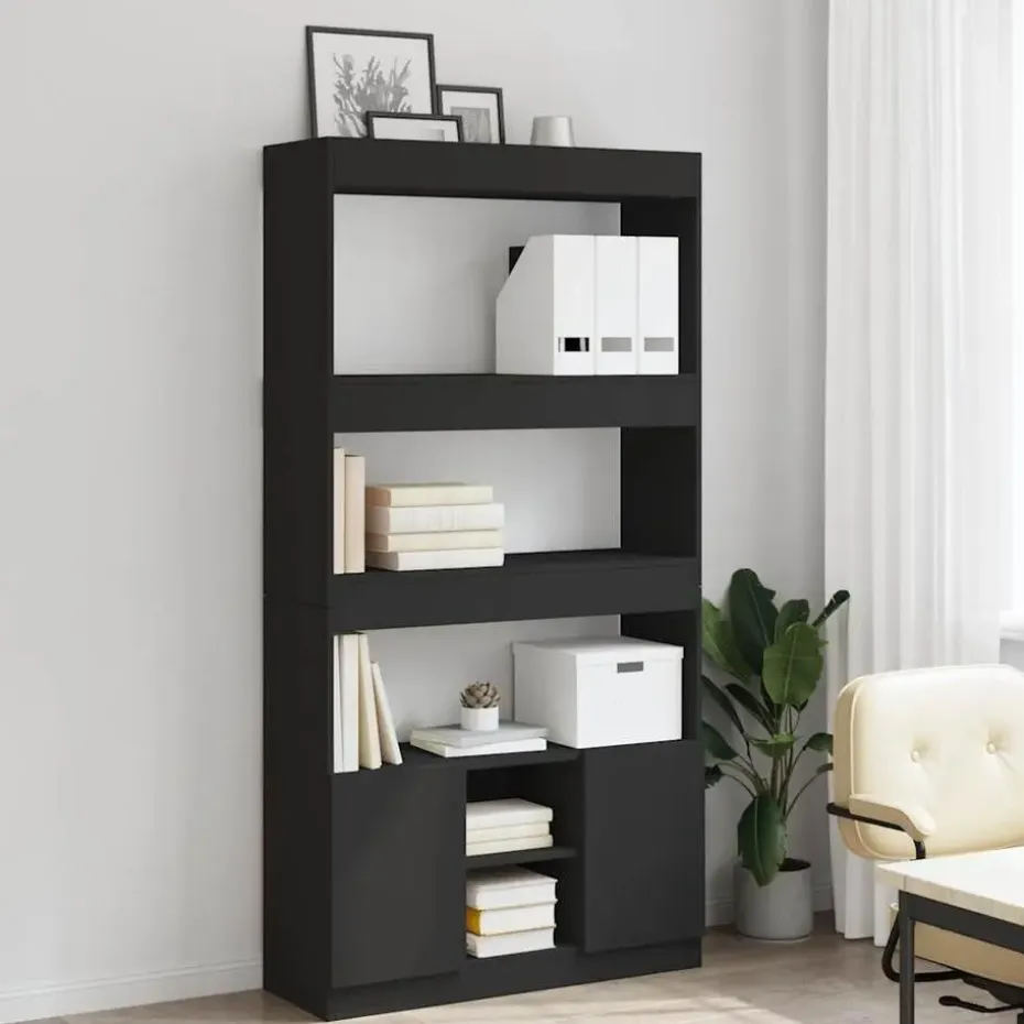 vidaXL - Boekenkast met deuren en 5 vakken - Zwart - Bewerkt hout - 92x33x180 cm