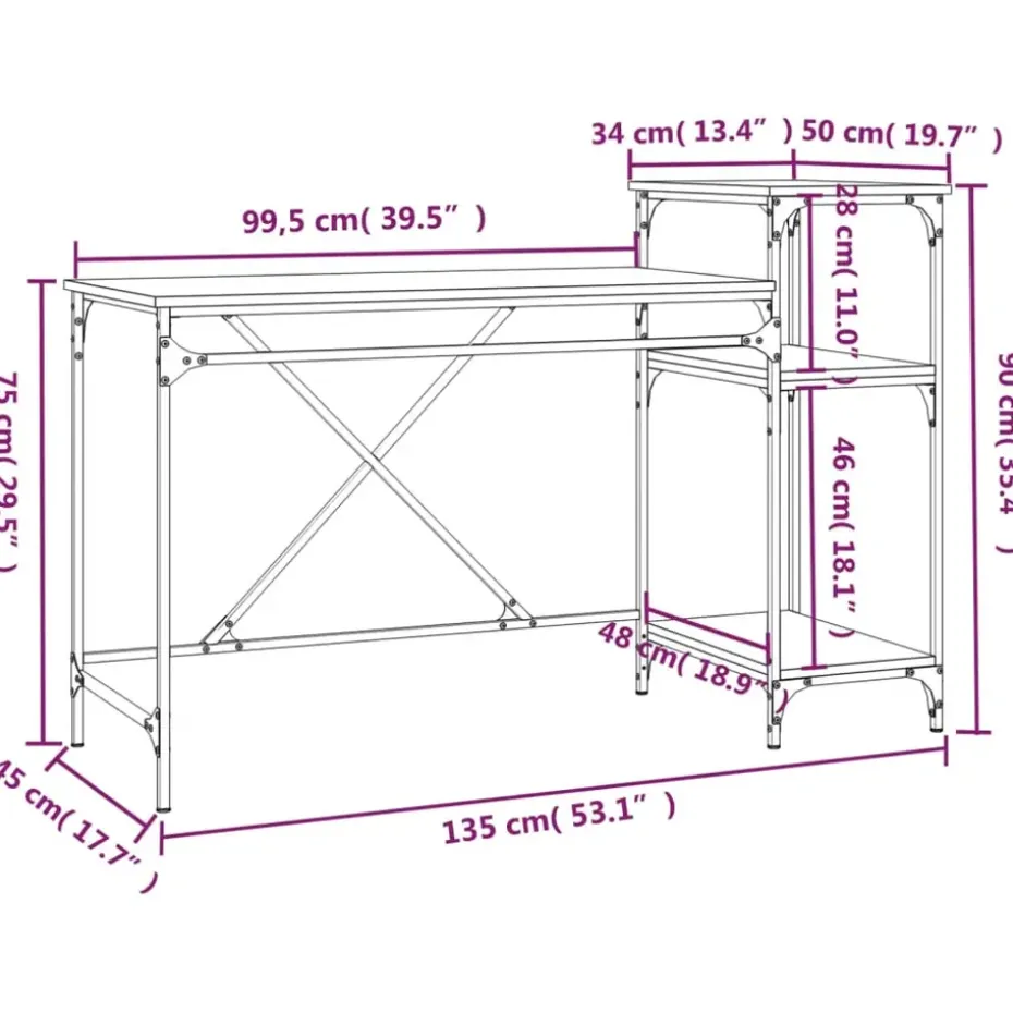 vidaXL - Bureau - Bruin - Bewerkt hout - 135 x 50 x 90 cm