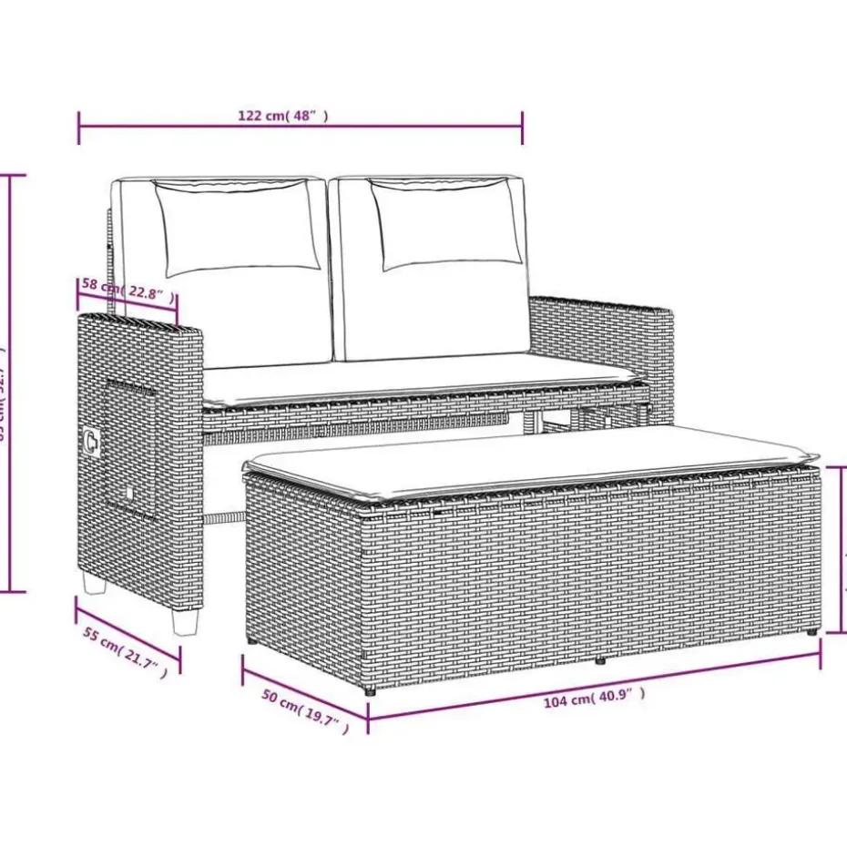 vidaXL - 2-delige Loungebanken Verstelbare met kussens - Zwart - 113x61x87 cm