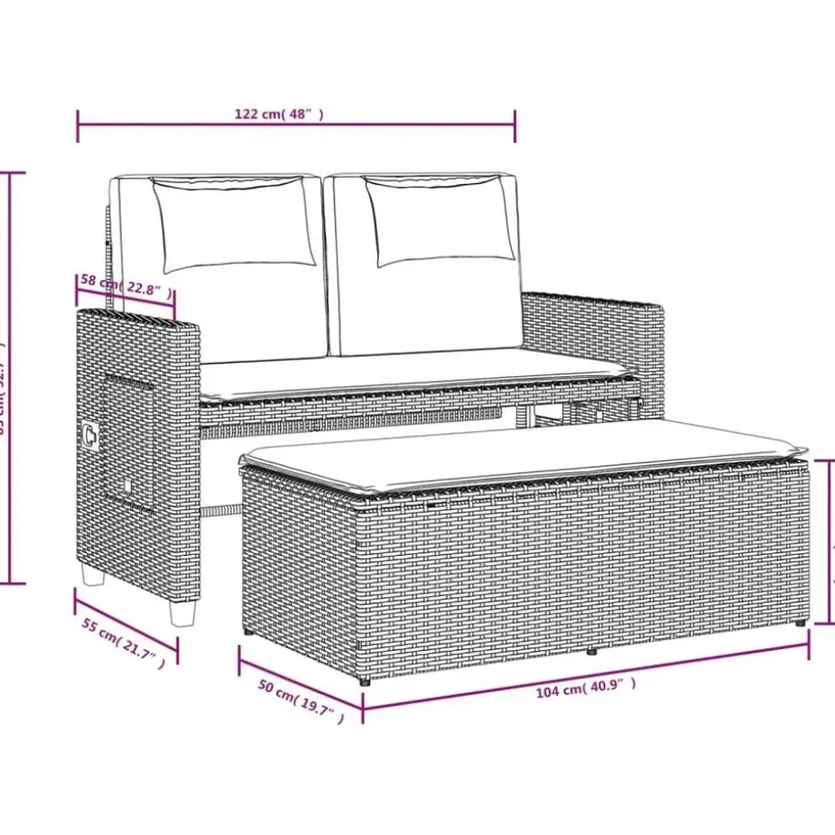 vidaXL - 2-delige Loungebanken Verstelbare met kussens - Grijs - 113x61x87 cm